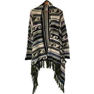 J. Jill Open Cardigan Sweater Wool Blend Fringe Hem Cream Blue Green Large